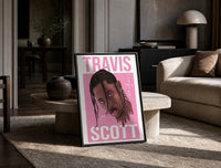 Travis Scott Cactus Jack Portrait print on the floor, leaning against a travertine table