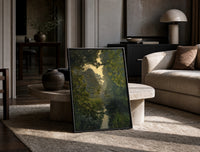 forest pond framed by overhanging branches vintage art print print in a black frame leaning on a travertine table in a…