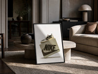 Air Jordan 1 Travis Scott Olive Sneaker print on the floor, leaning against a travertine table