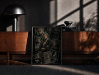 Black-framed Roronoa Zoro One Piece Wanted framed poster print on a moody console with designer coffee-table books