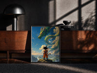 Black-framed Dragon Ball Z Goku and Shenron framed poster print on a moody console with designer coffee-table books
