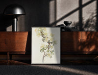 Black-framed Cliff Rose botanical study with labeled names vintage art print print on a moody console with designer…