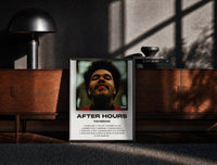 Black-framed The Weeknd After Hours Album Cover print on the floor in front of a dark wooden console