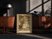 Black-framed Arthur Rackham The Plump Sister print on the floor in front of a dark wooden console