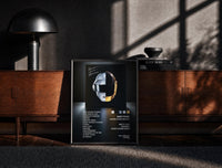 Black-framed Daft Punk Random Access Memories Helmets print on the floor in front of a dark wooden console