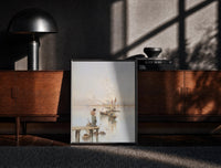 Black-framed woman and dog on a dock watching sailboats vintage art print print on a moody console with designer…