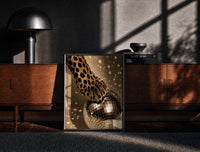 Black-framed Cheetah Paw and Disco Ball print on the floor in front of a dark wooden console