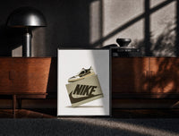 Black-framed Air Jordan 1 Travis Scott Olive Sneaker print on the floor in front of a dark wooden console