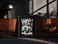 Black-framed Metallica The Memory Remains Band Collage print on the floor in front of a dark wooden console
