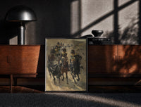 Black-framed cavalry soldiers on horseback vintage art print print on a moody console with designer coffee-table books