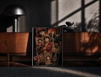 Black-framed Monkey D. Luffy One Piece Wanted framed poster print on a moody console with designer coffee-table books