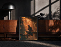 Black-framed Itachi Uchiha Naruto Akatsuki framed poster print on a moody console with designer coffee-table books