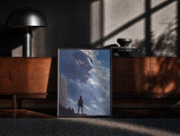 Black-framed Attack on Titan Colossal framed poster print on a moody console with designer coffee-table books