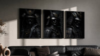 Japanese Warrior framed poster set of 3 triptych in three black frames on a grey wall above a leather sofa