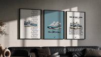 Nike Air Max 1 Patta framed poster set of 3 triptych in three black frames on a grey wall above a leather sofa
