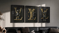 KAWS LV Feat. XX triptych in three black frames on a grey wall above a leather sofa