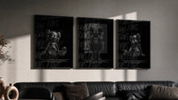 Hypebeast 8 Ball Graffiti framed poster set of 3 triptych in three black frames on a grey wall above a leather sofa