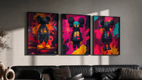 KAWS Chromatic Graffiti triptych in three black frames on a grey wall above a leather sofa