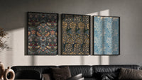 William Morris Indigo triptych in three black frames on a grey wall above a leather sofa
