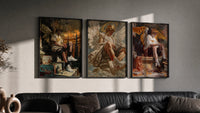 Nike Renaissance Angel triptych in three black frames on a grey wall above a leather sofa