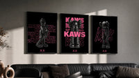 Neon Pink Noir KAWS XX triptych in three black frames on a grey wall above a leather sofa