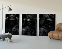 Japanese Warrior framed poster set of 3 three-panel set displayed beside a brown leather sofa