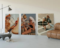 Luxury Lifestyle framed poster set of 3 three-panel set displayed beside a brown leather sofa