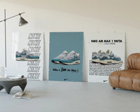 Nike Air Max 1 Patta framed poster set of 3 three-panel set displayed beside a brown leather sofa