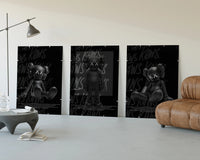 Hypebeast 8 Ball Graffiti framed poster set of 3 three-panel set displayed beside a brown leather sofa