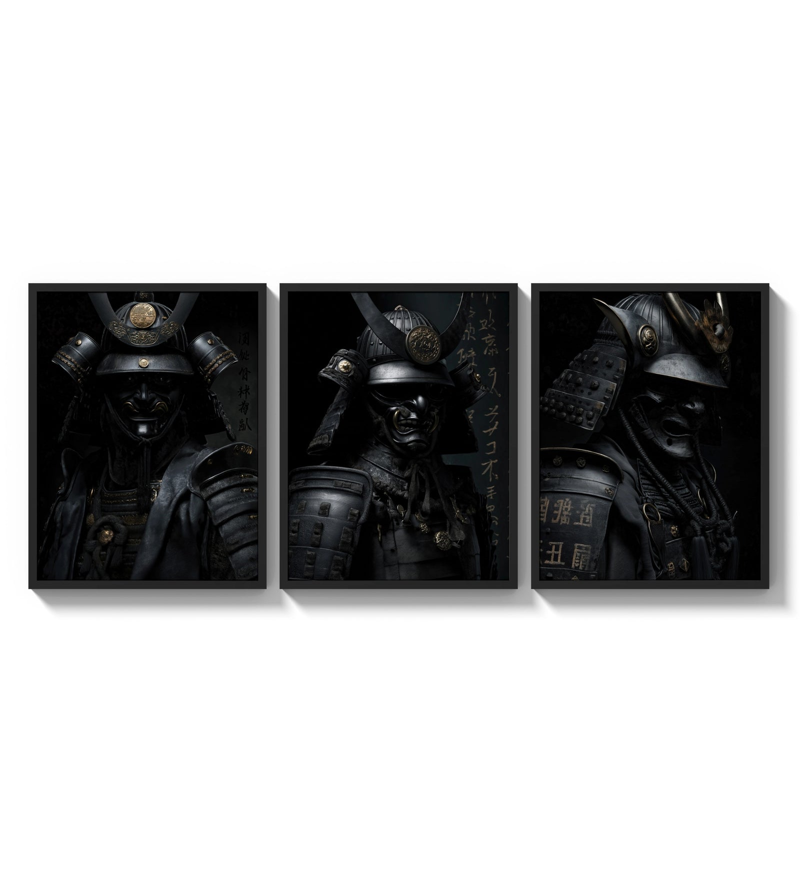 Japanese Warrior framed poster set of 3 three-panel set arranged as a triptych on a bright gallery wall
