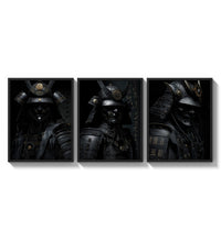 Japanese Warrior framed poster set of 3 three-panel set arranged as a triptych on a bright gallery wall