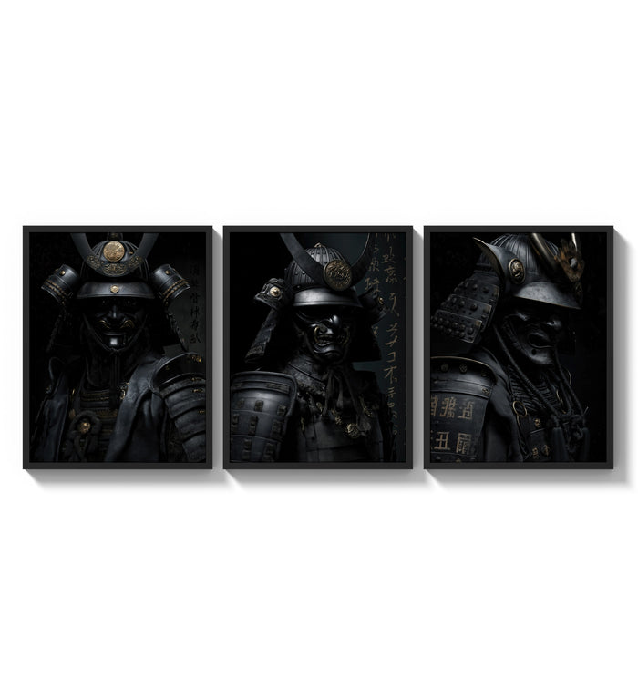 Japanese Warrior framed poster set of 3 three-panel set arranged as a triptych on a bright gallery wall
