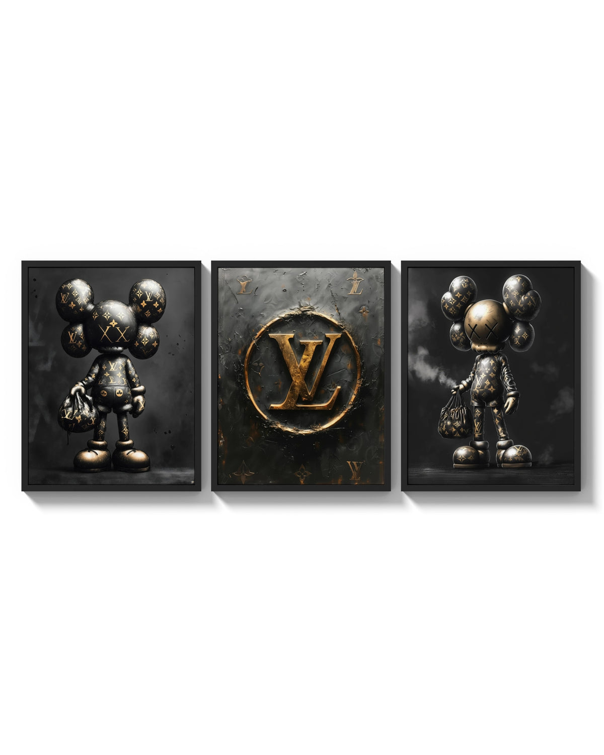 KAWS LV Gold Vault triptych arranged on a bright gallery wall
