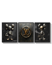 KAWS LV Gold Vault triptych arranged on a bright gallery wall