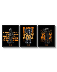 KAWS Signature Orange Edition triptych arranged on a bright gallery wall