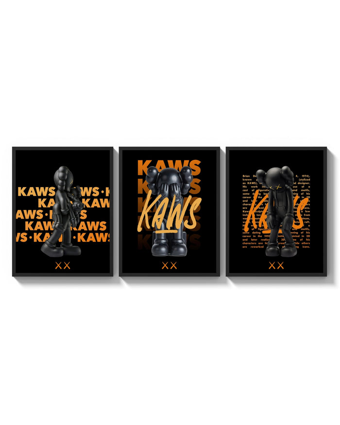 KAWS Signature Orange Edition triptych arranged on a bright gallery wall