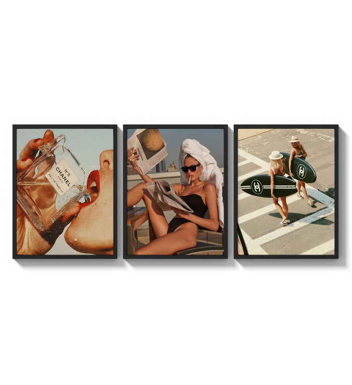 Luxury Lifestyle framed poster set of 3 three-panel set arranged as a triptych on a bright gallery wall