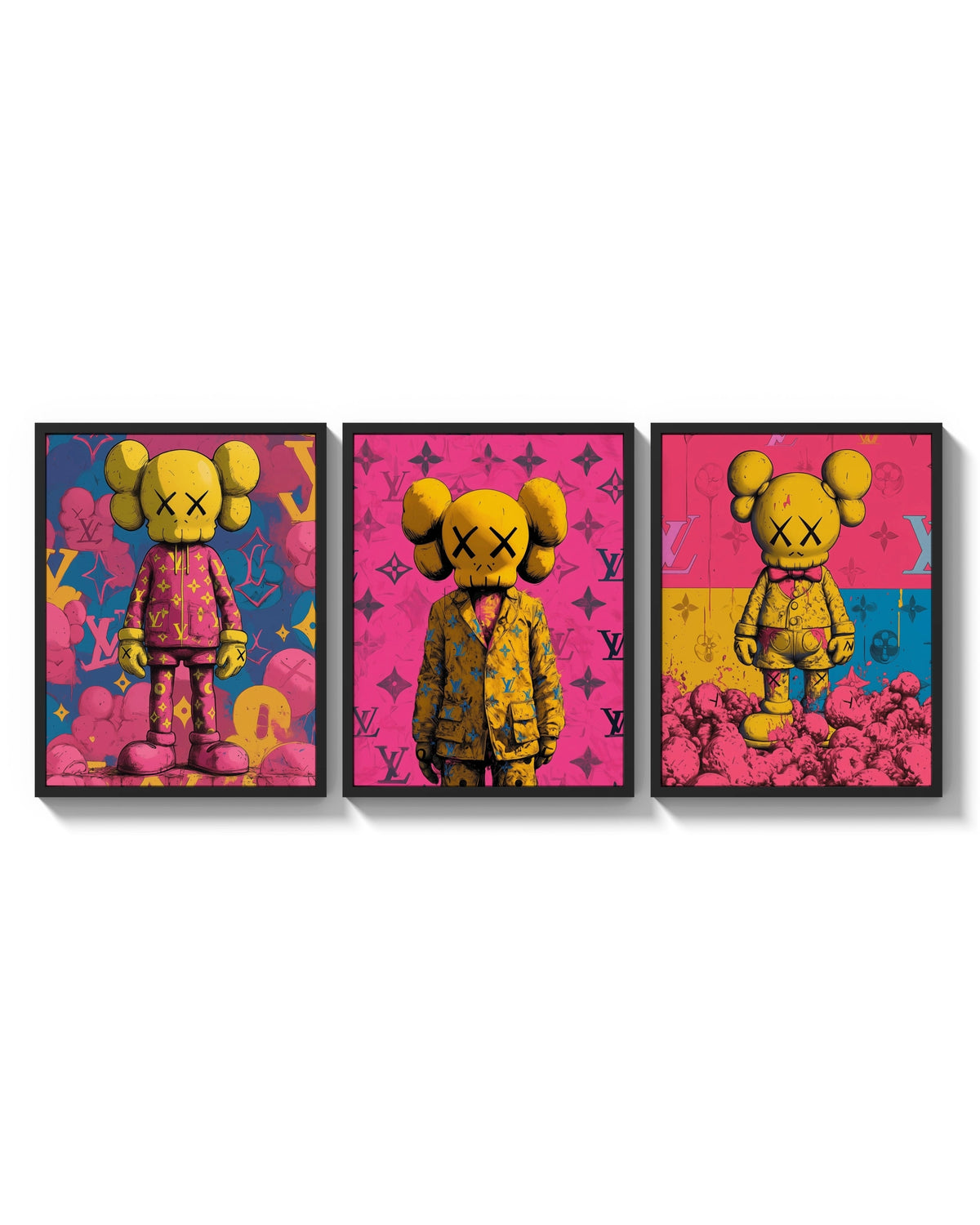 KAWS Companion Louis Vuitton triptych arranged on a bright gallery wall