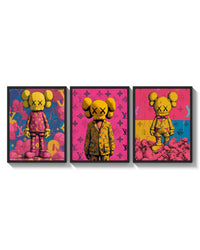 KAWS Companion Louis Vuitton triptych arranged on a bright gallery wall