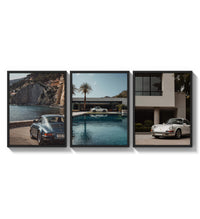 Porsche 911 Coastal framed poster set of 3 three-panel set arranged as a triptych on a bright gallery wall
