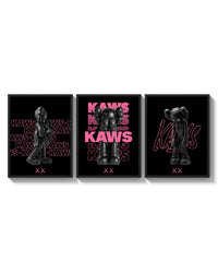 Neon Pink Noir KAWS XX triptych arranged on a bright gallery wall