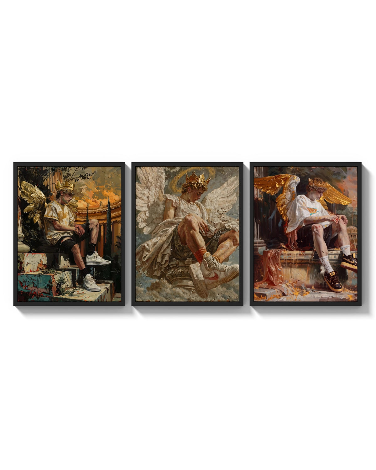 Nike Renaissance Angel triptych arranged on a bright gallery wall