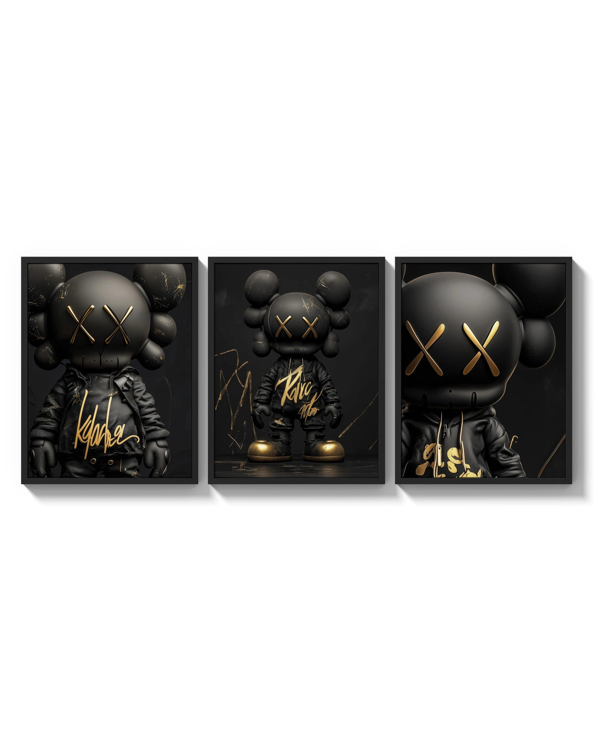 KAWS Black Label XX triptych arranged on a bright gallery wall