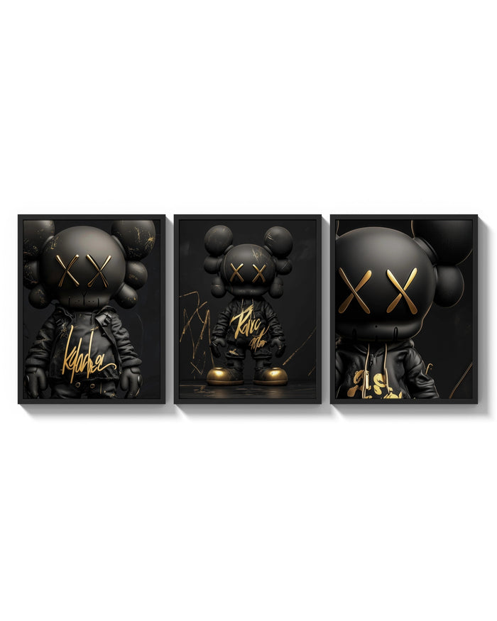 KAWS Black Label XX triptych arranged on a bright gallery wall