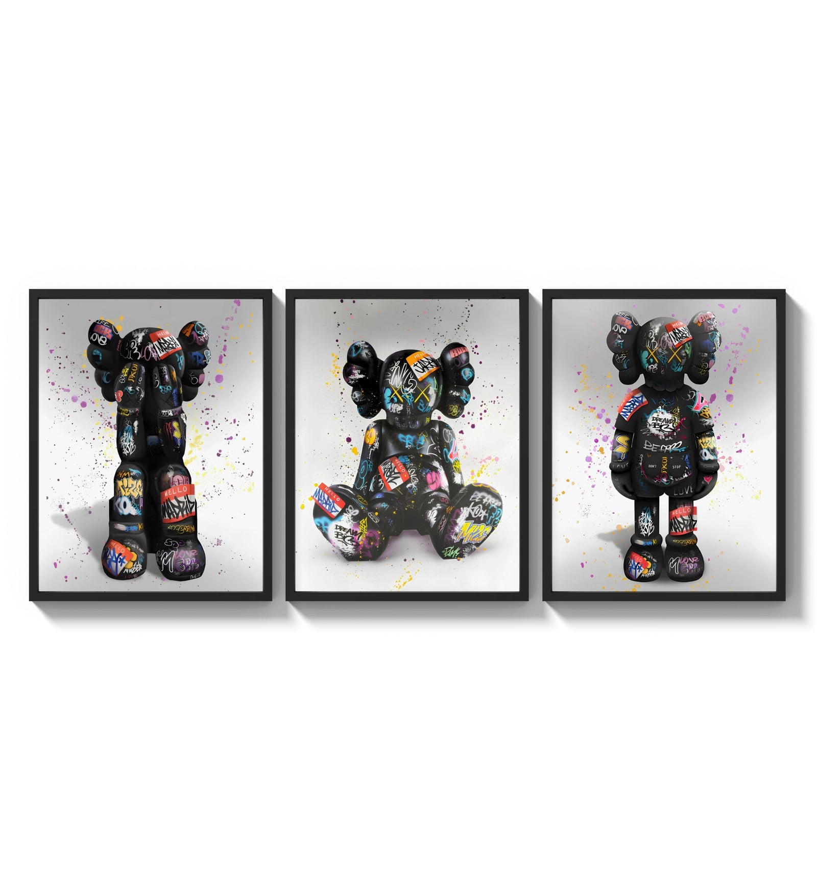 KAWS Companion Graffiti framed poster set of 3 three-panel set arranged as a triptych on a bright gallery wall