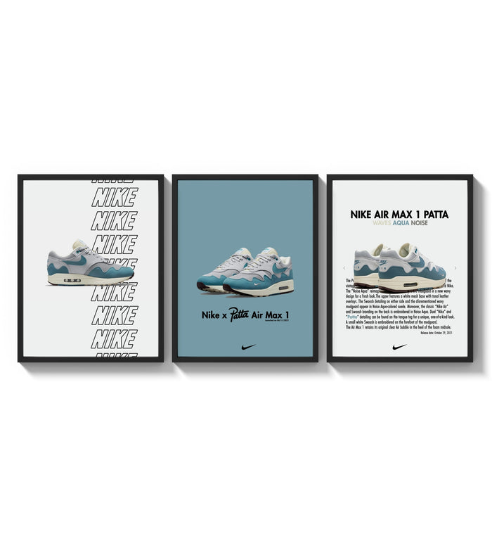 Nike Air Max 1 Patta framed poster set of 3 three-panel set arranged as a triptych on a bright gallery wall