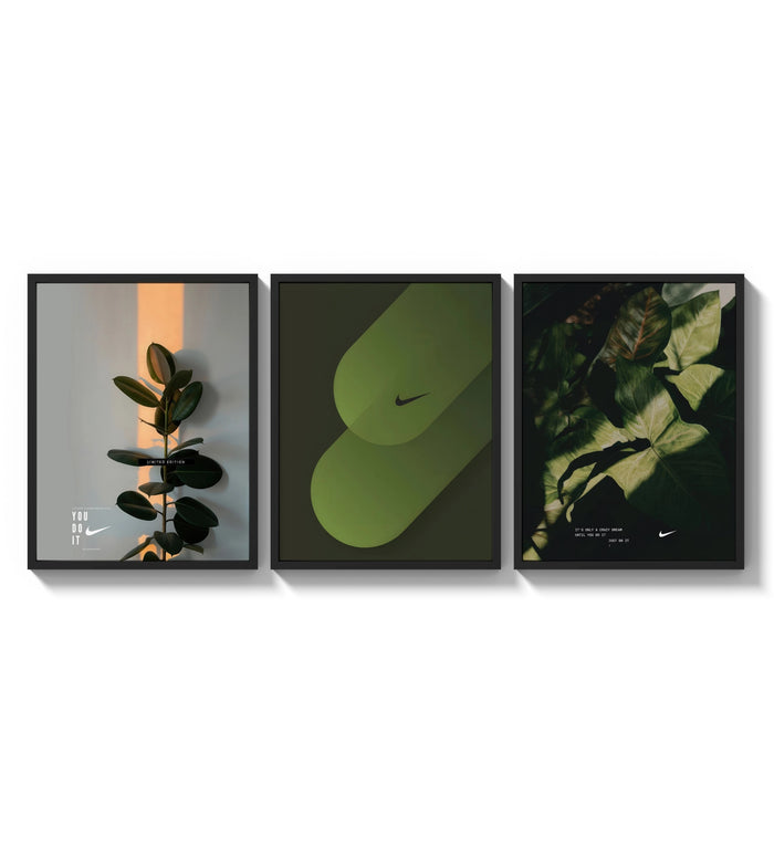 Nike Botanical framed poster set of 3 three-panel set arranged as a triptych on a bright gallery wall