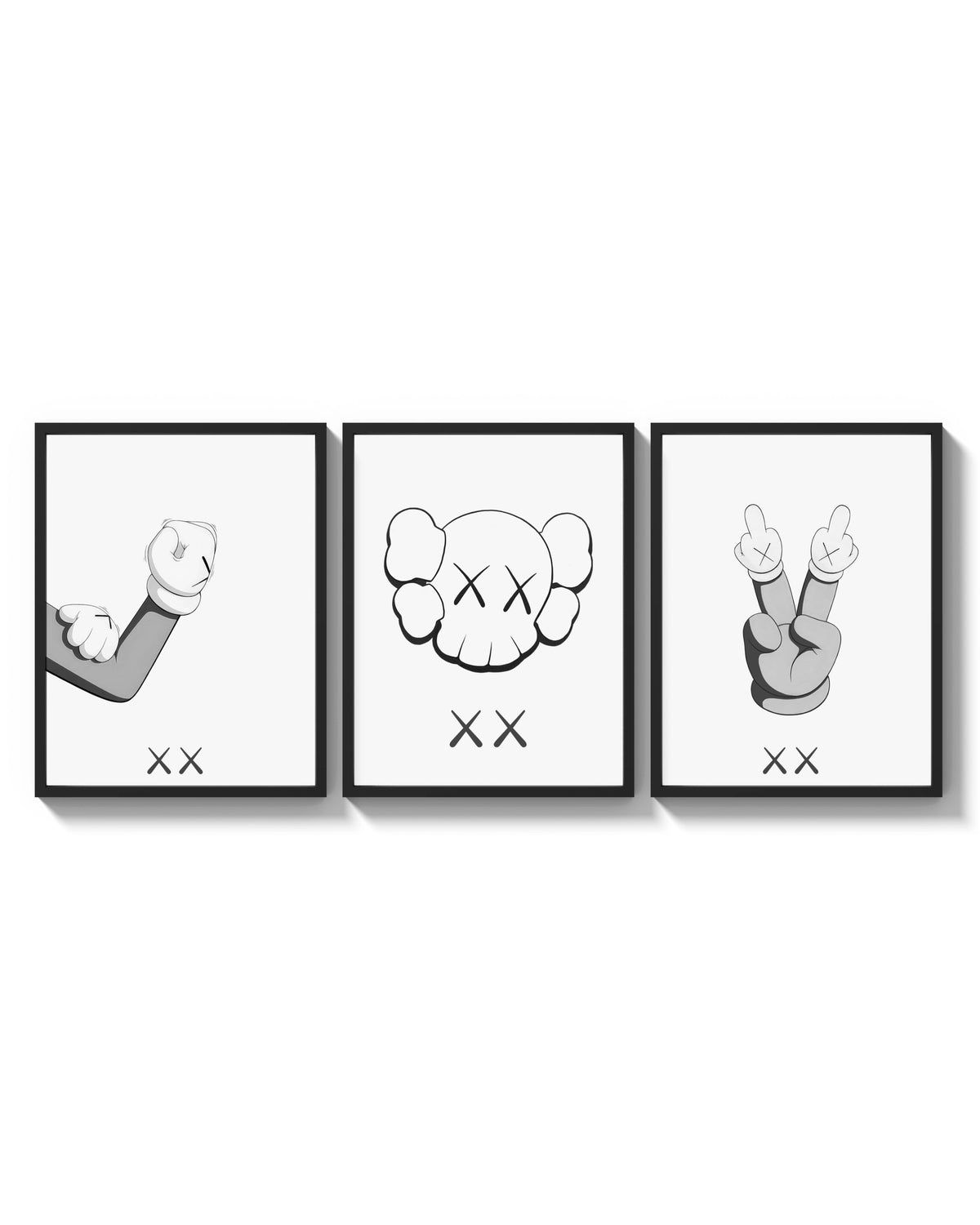KAWS Companion Middle Finger triptych arranged on a bright gallery wall