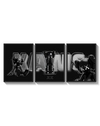 KAWS Neon Companions triptych arranged on a bright gallery wall