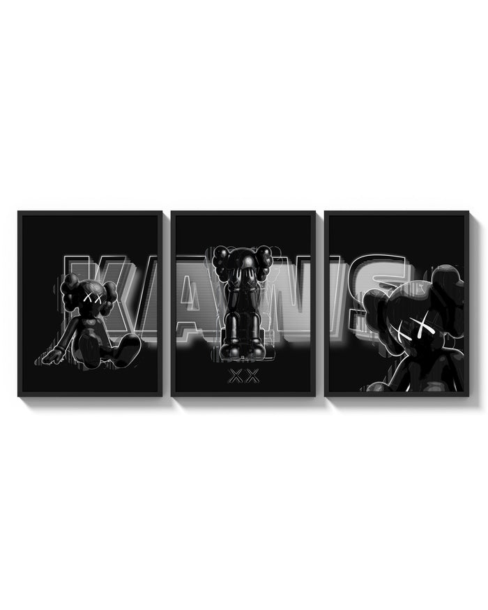 KAWS Neon Companions triptych arranged on a bright gallery wall